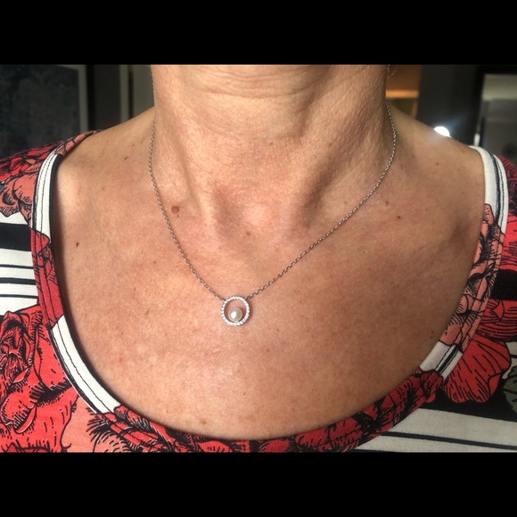 Synthetic Pearl & CZ Sterling Silver Necklace - Picture 5 of 5